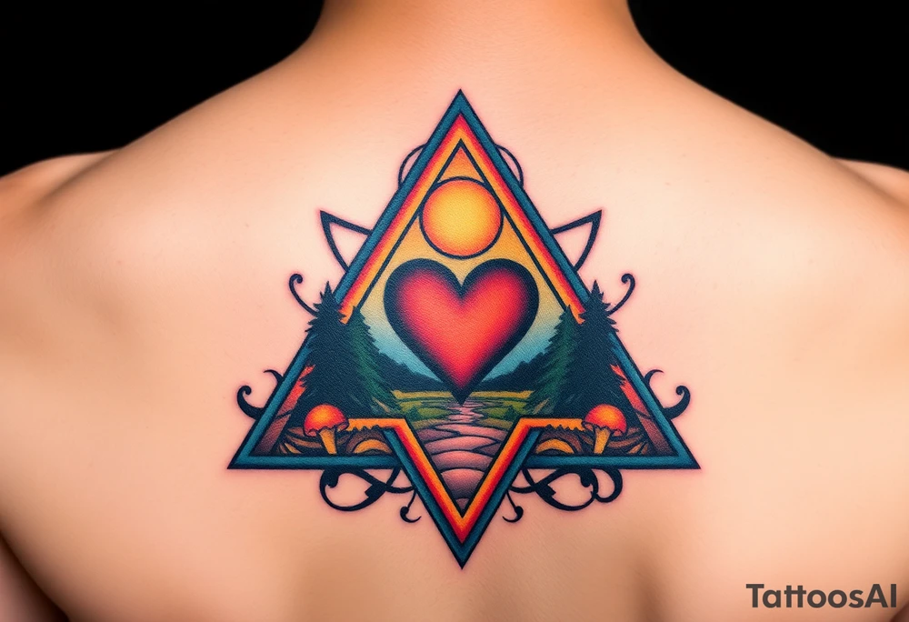 A triangle with a heart over the middle of the center and nature scene in background tattoo idea