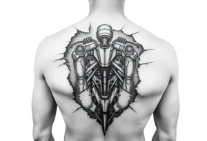 Torn skin revealing a bionic structure of the machine underneath that follows regular human anatomy but is unnatural tattoo idea