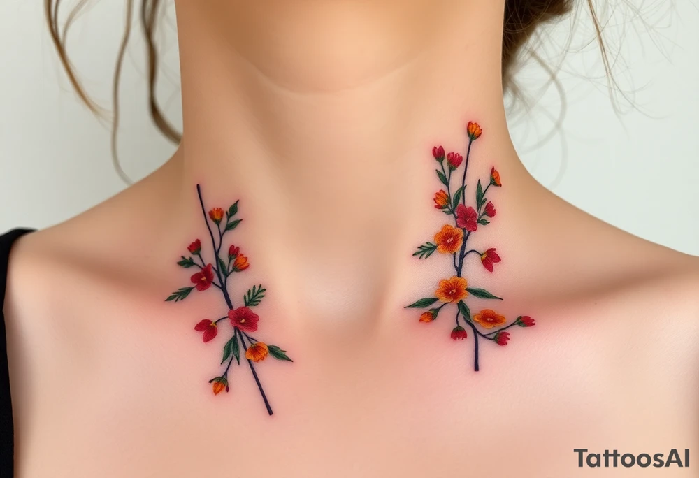 Two separate collarbone tattoos of long, thin stems and branches covered with red, orange, yellow and dark forest green leaves and flowers, muted and light, delicate and gentle but moody tattoo idea