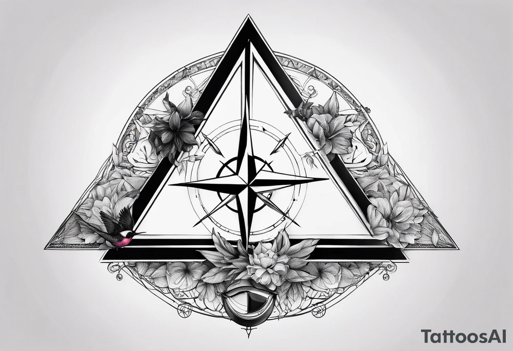Two triangles with one unclosed, crescent moon, compass, one hummingbird tattoo idea Two triangles with one unclosed, crescent moon, compass, one hummingbird tattoo idea