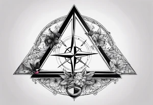 Two triangles with one unclosed, crescent moon, compass, one hummingbird tattoo idea