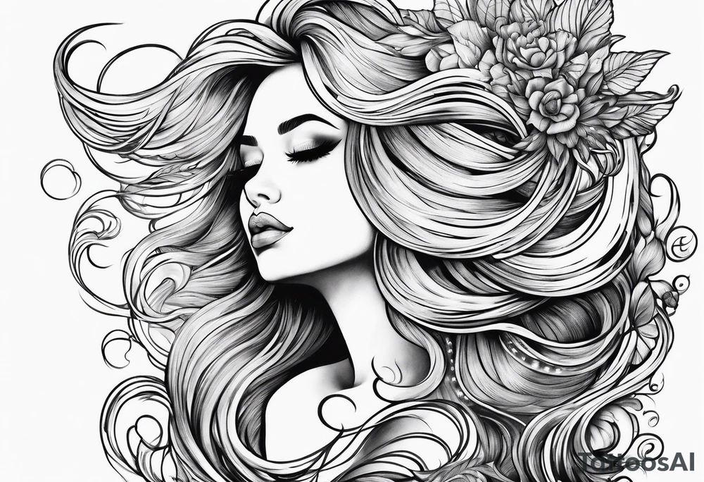 Wildly flowing mermaid hand in her hair tattoo idea
