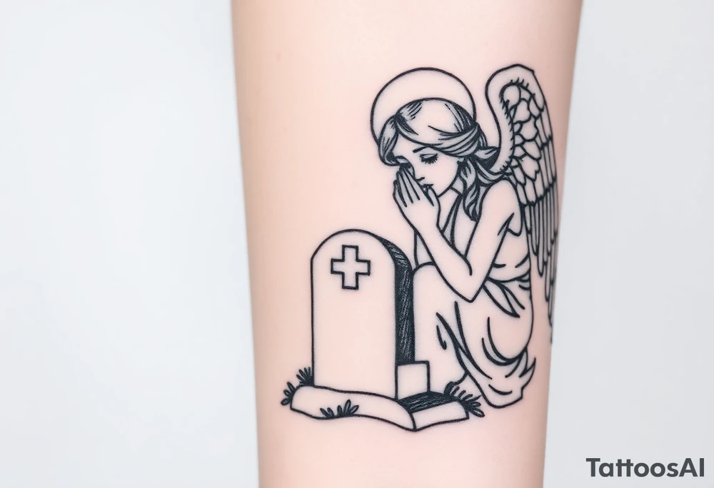 Beautiful woman angel crying on a tombstone tattoo idea