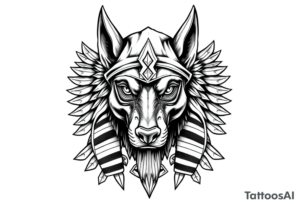 Egyptian Anubis god face muscle in Egypt style  with mantle on head with empty eyes 

dog face surrounded Egyptian symbols based on elements tattoo idea