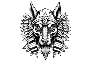 Egyptian Anubis god face muscle in Egypt style  with mantle on head with empty eyes 

dog face surrounded Egyptian symbols based on elements tattoo idea