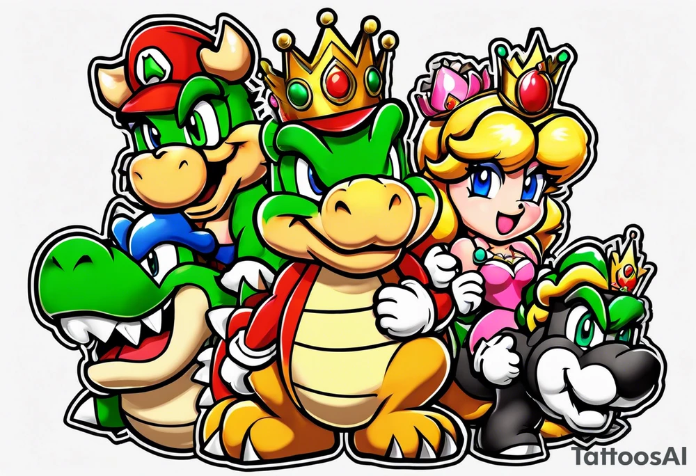bowser holding Mario and Luigi severed heads with princess peach by bowsers side tattoo idea