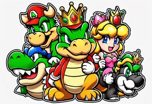bowser holding Mario and Luigi severed heads with princess peach by bowsers side tattoo idea