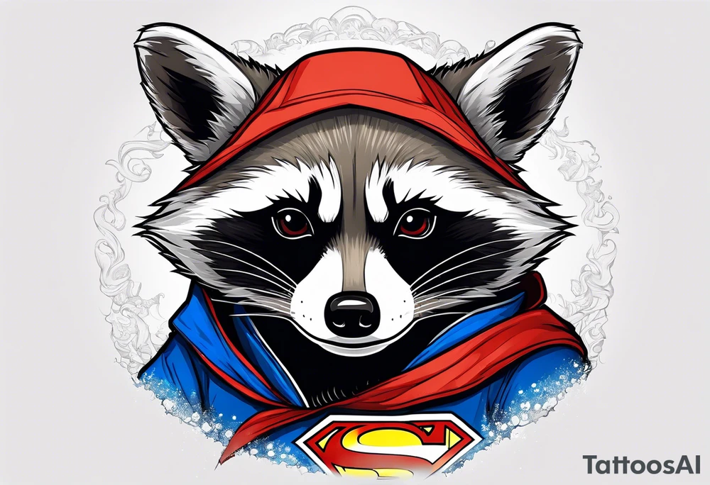 raccoon wearing a Superman hoodie tattoo idea