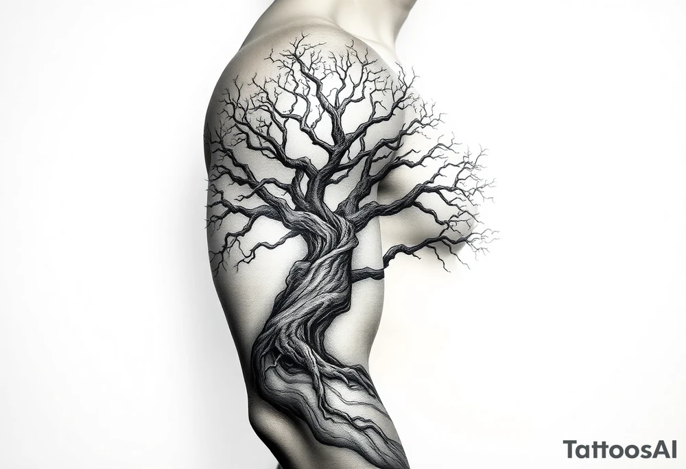 Arm sleeve, tree with limbs wrapping around, negative space tattoo idea