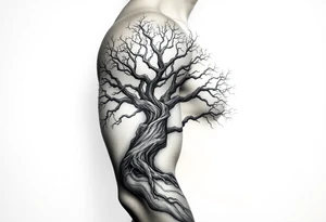 Arm sleeve, tree with limbs wrapping around, negative space tattoo idea