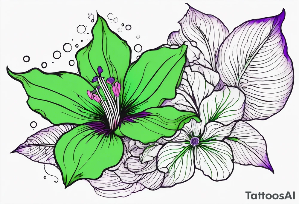 A mystical outline of a green with a bit of purple rio dipladenia flower and a green and purple watercolor splash in the background tattoo idea