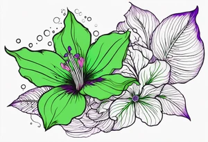 A mystical outline of a green with a bit of purple rio dipladenia flower and a green and purple watercolor splash in the background tattoo idea