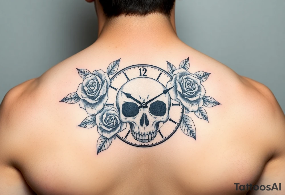 Clock face 11:43 as set time. With roses and skull tattoo idea