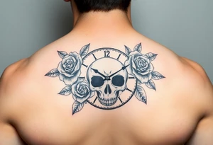 Clock face 11:43 as set time. With roses and skull tattoo idea