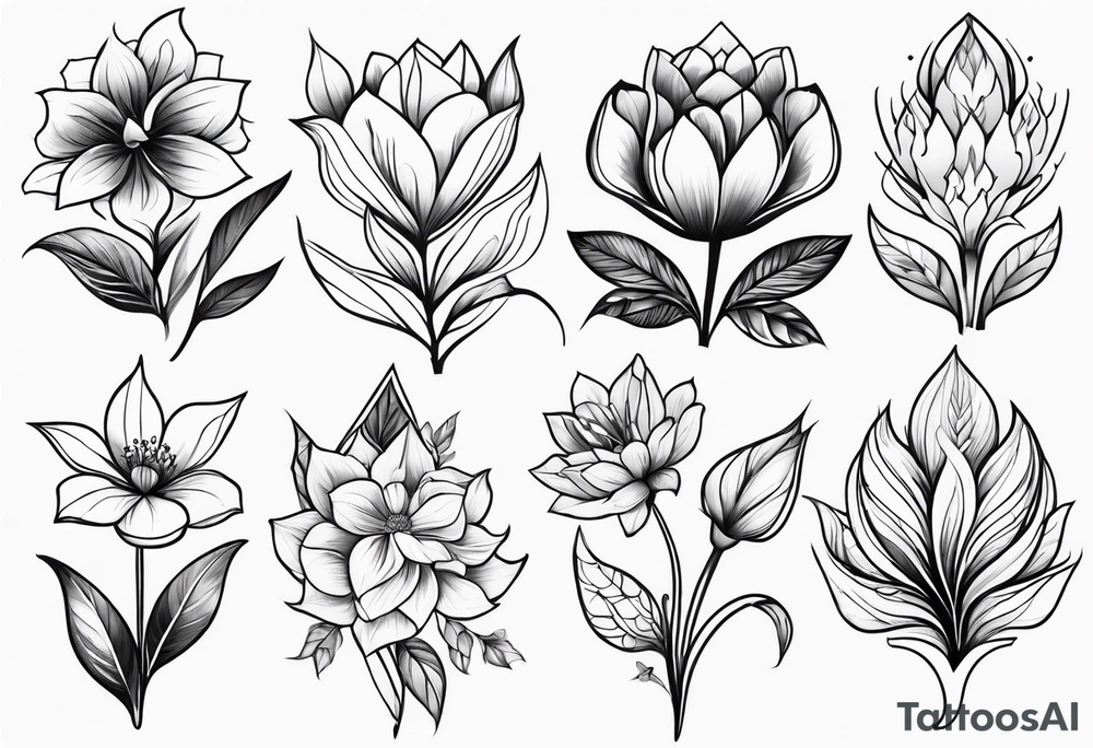 may, june, july september, october, december month flowers black and white half sleeve tattoo tattoo idea