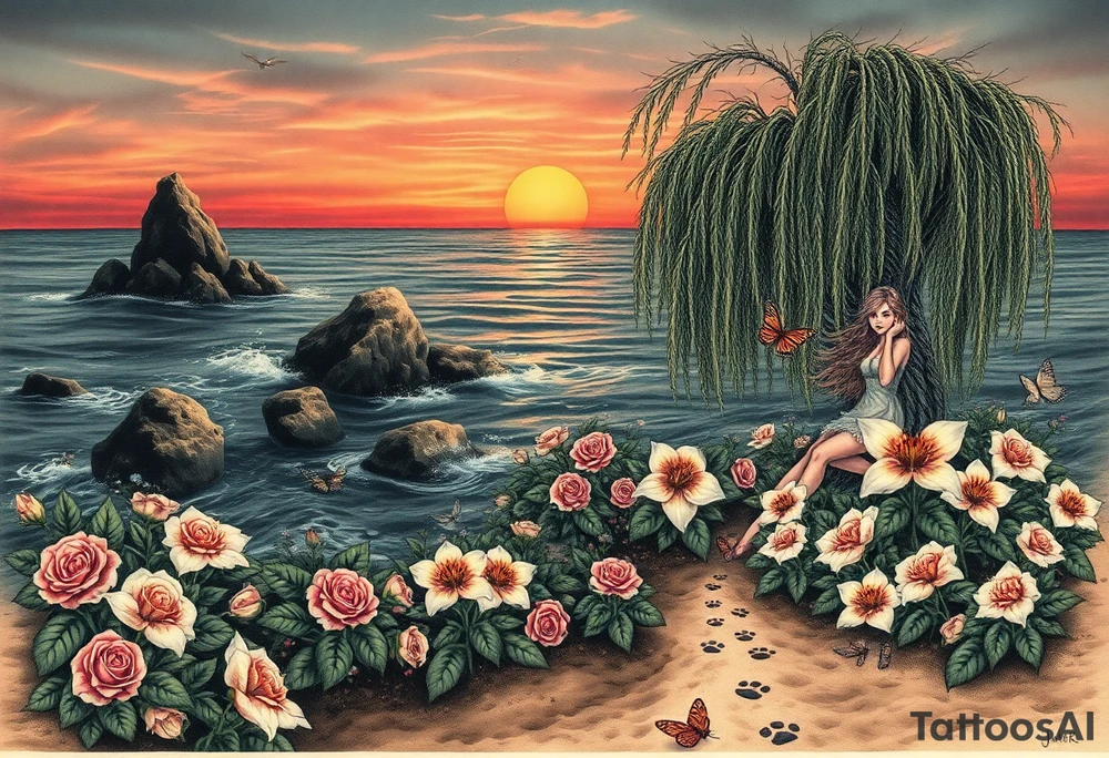 Dark ocean with rocks sunset, weeping willow garden with roses and lilies flower beds. fantasy creatures, fairies, siren, dragonflies, butterflies, cat paw prints path in dirt. tattoo idea