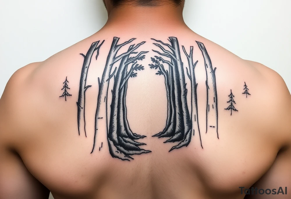 A forest with a doorway that is slightly ajar, leading to space tattoo idea