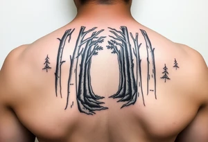 A forest with a doorway that is slightly ajar, leading to space tattoo idea