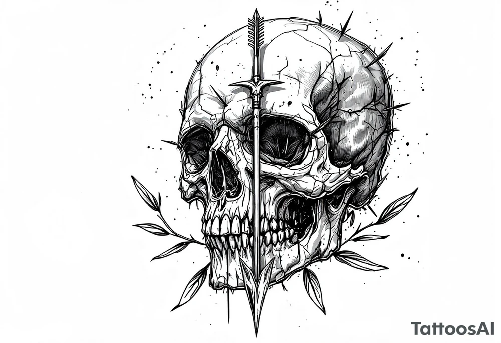 a skull whose head would be pierced by needles under the head come down an  arrow and surrounded around by a olive tree leaf tattoo idea