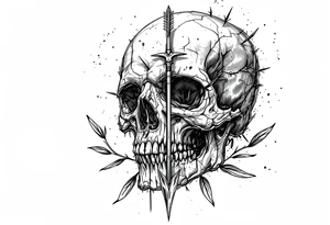 a skull whose head would be pierced by needles under the head come down an  arrow and surrounded around by a olive tree leaf tattoo idea