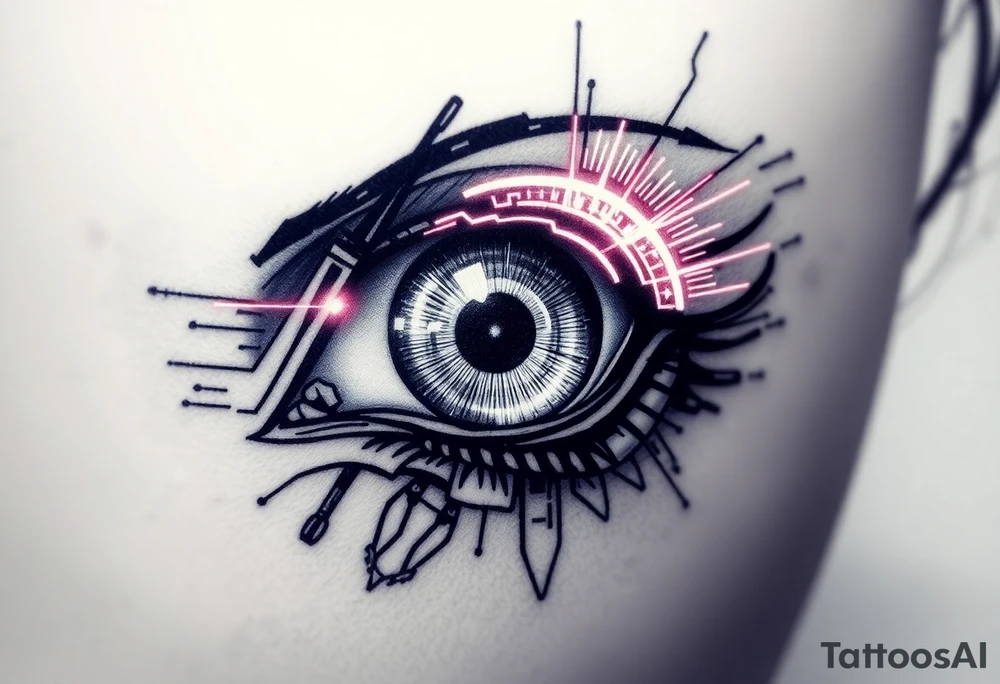 Cybernetic Eye with HUD Elements
A detailed eye with cybernetic implants and neon overlays.
A heads-up display (HUD) projecting out, featuring symbols, warnings, or static.
Neo-trad thick outlines and shading mixed with digital-style highlights. tattoo idea