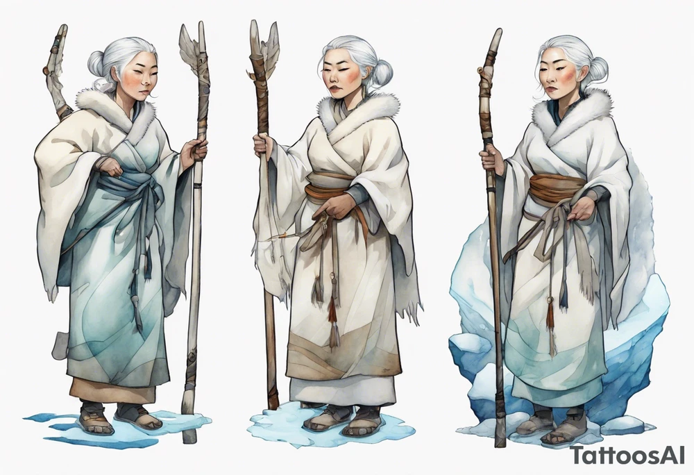 an Inuit woman with white hair and a white robe holding a long ivory bowstaff, standing on an iceberg tattoo idea