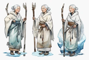 an Inuit woman with white hair and a white robe holding a long ivory bowstaff, standing on an iceberg tattoo idea