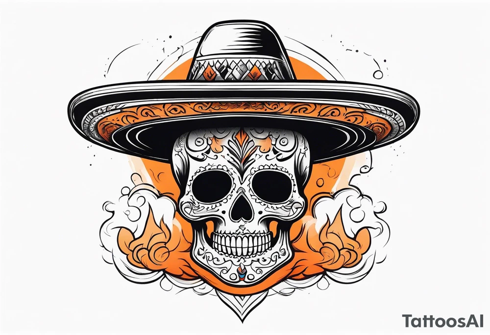 Mexican skull with sombrero with smoke coming out of the bottom orange and black tattoo idea