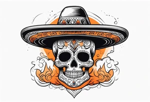 Mexican skull with sombrero with smoke coming out of the bottom orange and black tattoo idea