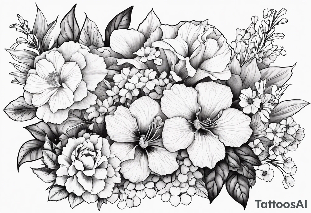 Floral Bouquet with blue hydrangea, Gladiolus, Poppy, Daisy, Sweet Pea, Narcissus, Poinsettia, and Holly tattoo idea