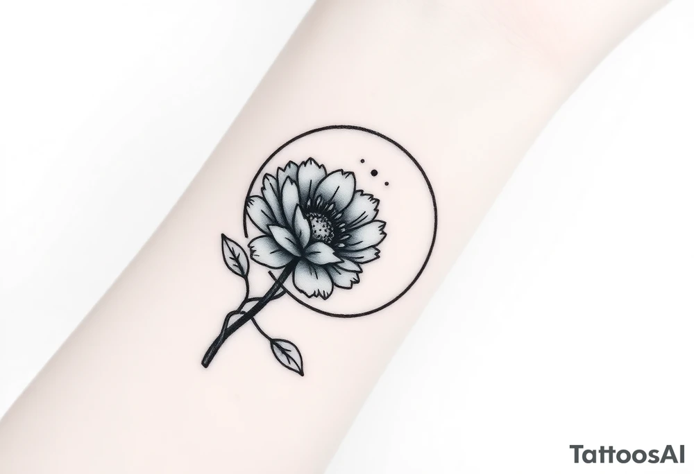 Small black and white tattoo full moon with small chrysanthemum and tiny scorpio gliph inside moon tattoo idea