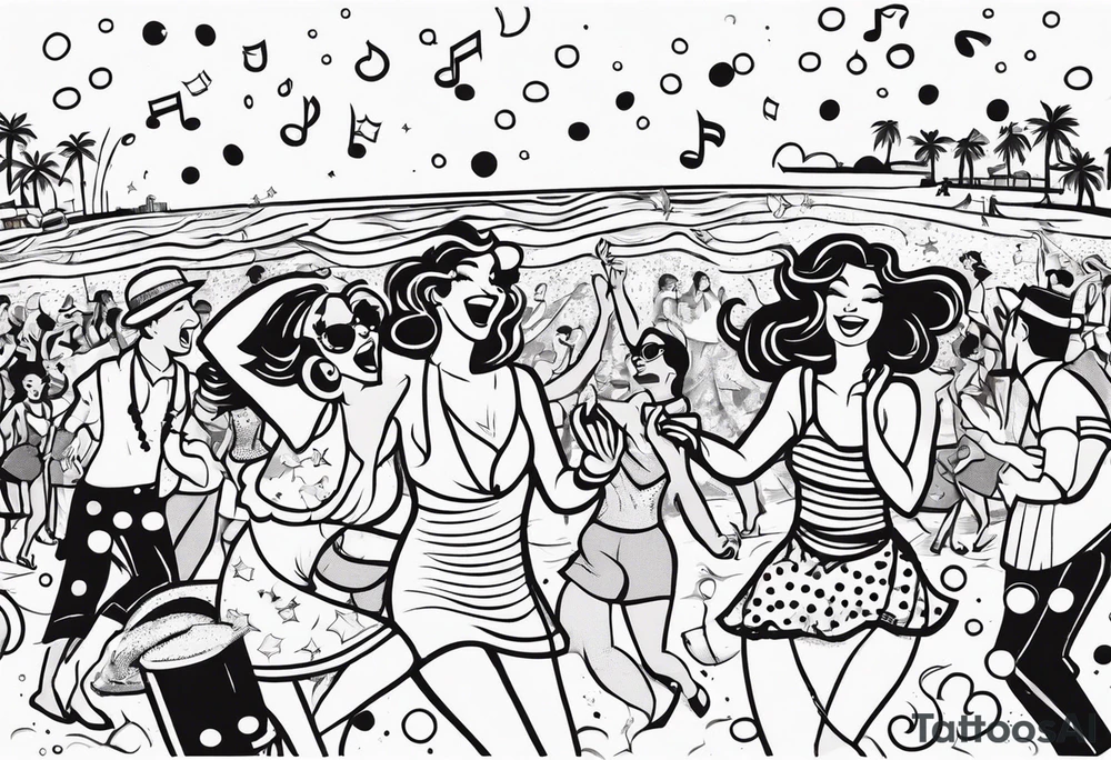 vintage beach dance party with music and confetti tattoo idea