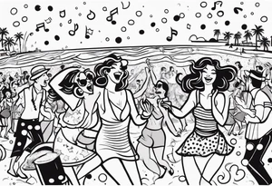 vintage beach dance party with music and confetti tattoo idea