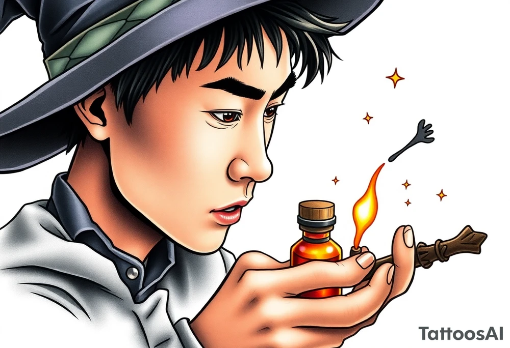 Handsome Asian young adult guy is  accidentally stumbled upon witch tools, supplies, artifacts, potions and exploring it curiously tattoo idea