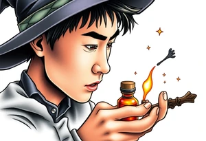 Handsome Asian young adult guy is  accidentally stumbled upon witch tools, supplies, artifacts, potions and exploring it curiously tattoo idea
