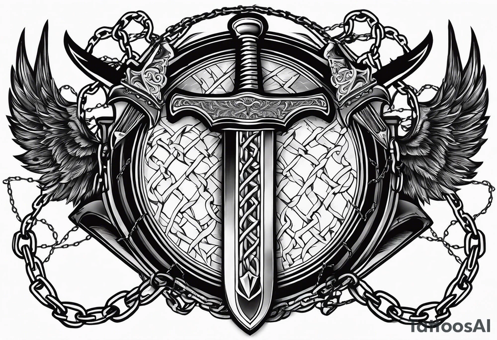 Valhalla sword shield axe barbed wire chains dark cloud tattoo idea