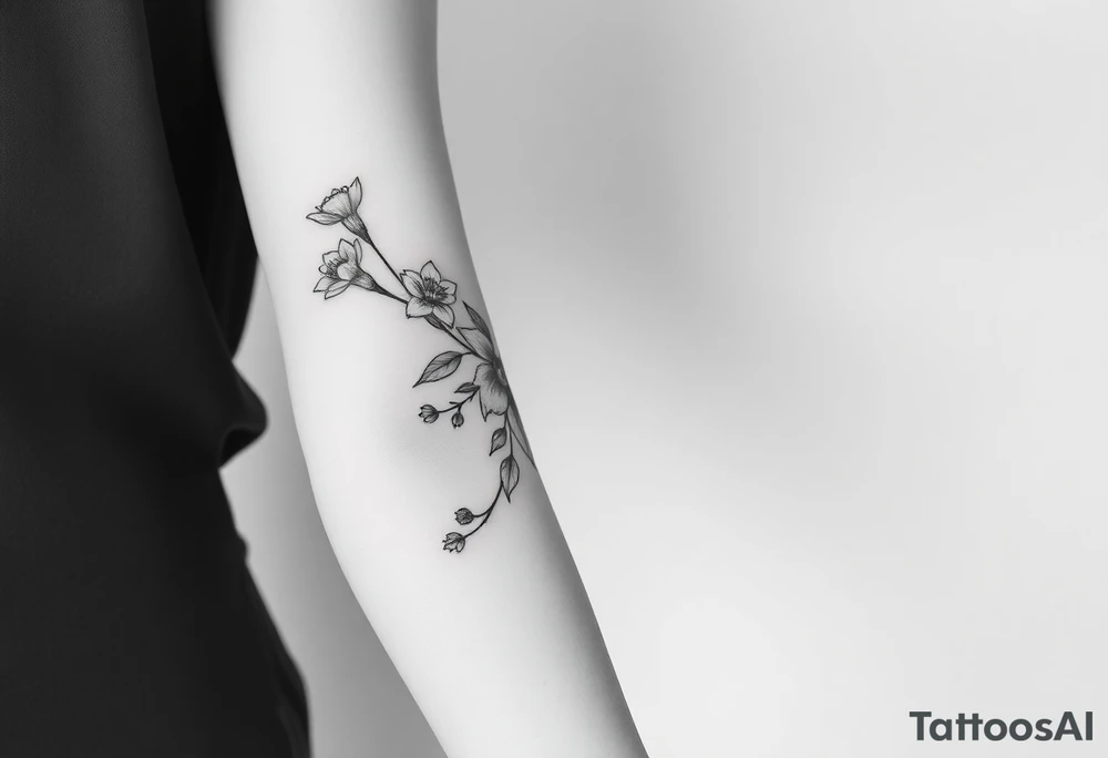 starting from a band mid forearm, sleeve of narcissus flowers and holly flowers going up the arm tattoo idea