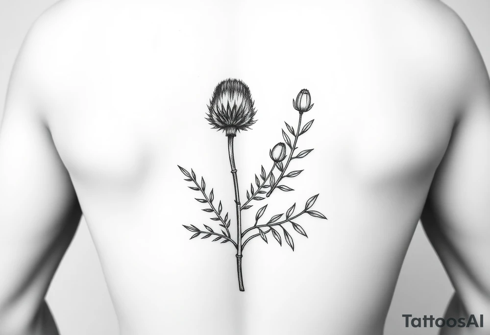 hybrid botanical drawing of scottish thistle, olive branch/olive, and cat nip for a wrap around wrist tattoo tattoo idea