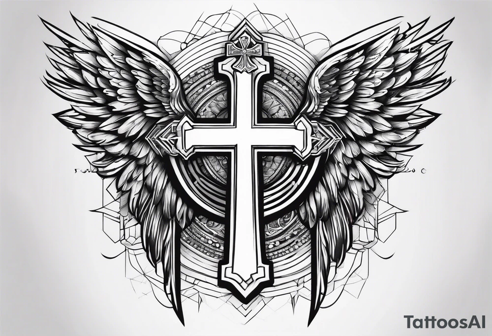 angel wings tattoo with a cross and the letters DJ in it tattoo idea