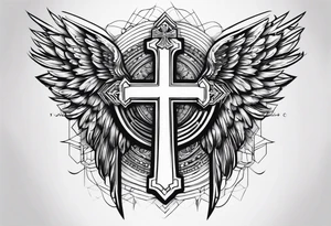angel wings tattoo with a cross and the letters DJ in it tattoo idea