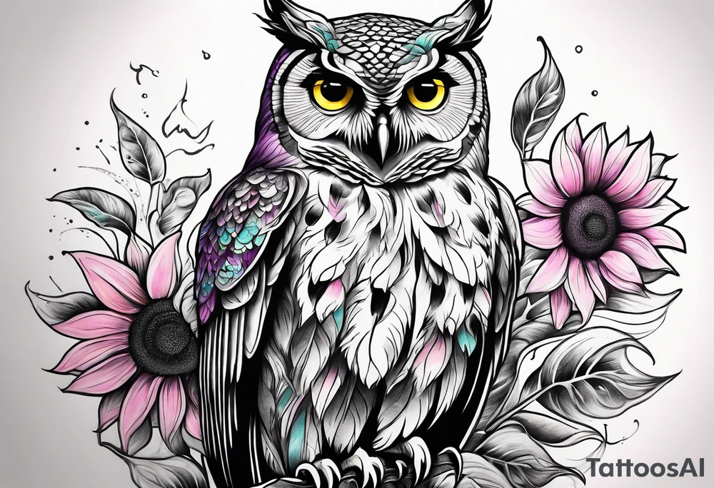Black and white owl shaded teal, pink and purple surrounded by yellow sunflowers sleeve tattoo idea