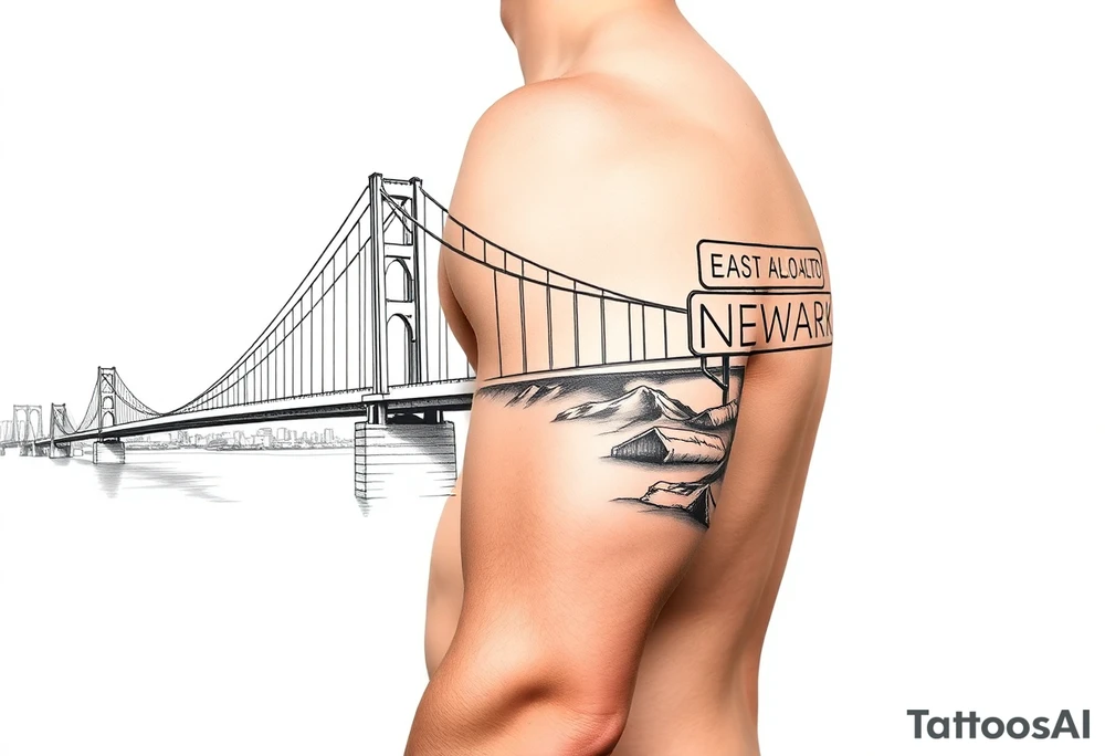 A bridge over water with two cities on the side. The city signs on the side of the bridge. East Palo Alto on the left and Newark on the right tattoo idea