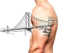 A bridge over water with two cities on the side. The city signs on the side of the bridge. East Palo Alto on the left and Newark on the right tattoo idea