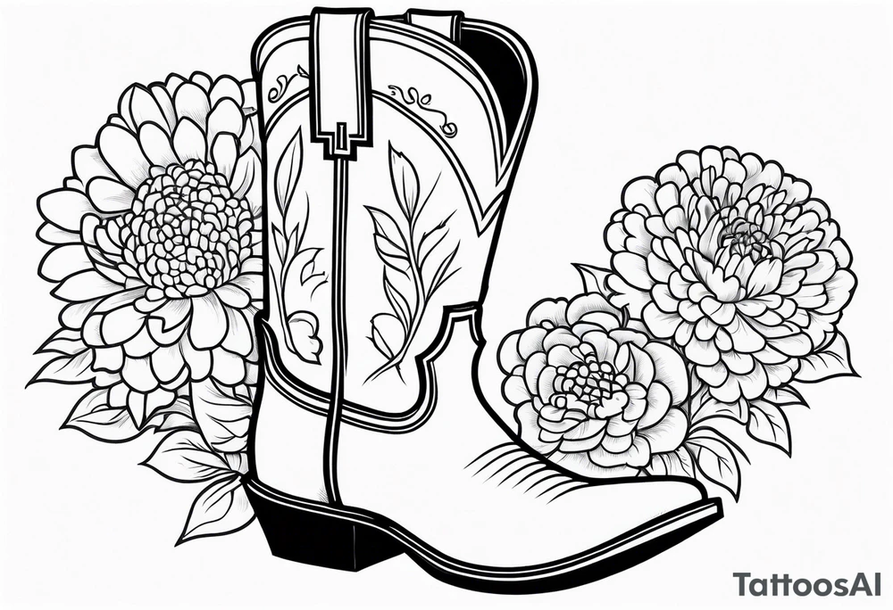 Cowboy boot with bouquet of chrysanthemum, carnations and marigolds inside of boot tattoo idea