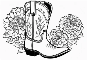 Cowboy boot with bouquet of chrysanthemum, carnations and marigolds inside of boot tattoo idea