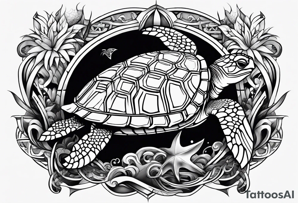 black and white, poly tribal, great white, sea turtle and broken anchor tattoo idea