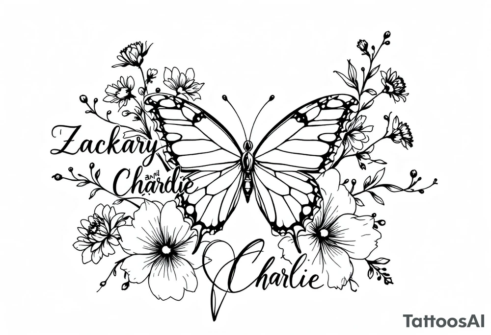 flowers, butterfly with name Zackary and Charlie tattoo idea