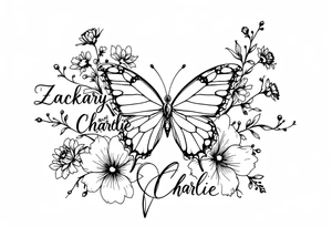 flowers, butterfly with name Zackary and Charlie tattoo idea