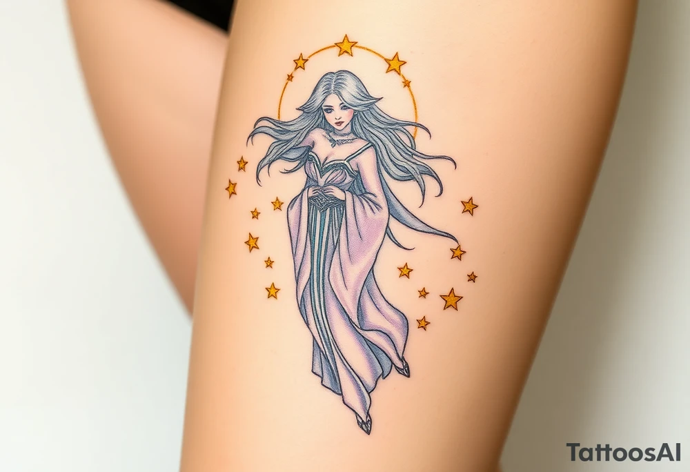 A celestial Virgo goddess with flowing silver hair, dressed in a flowing lavender robe, surrounded by golden stars tattoo idea