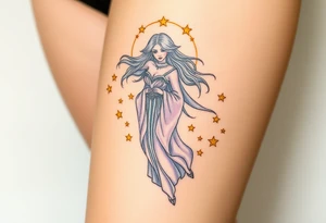 A celestial Virgo goddess with flowing silver hair, dressed in a flowing lavender robe, surrounded by golden stars tattoo idea